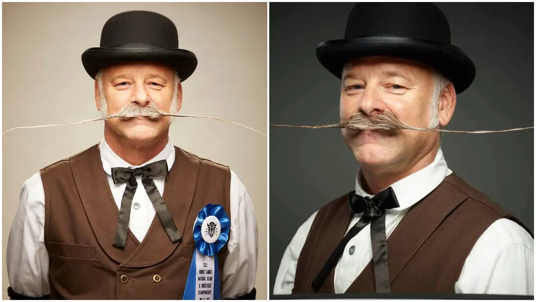 split image of paul slosar with a ribbon a top hat and his english moustache tcm25 743542.jpeg